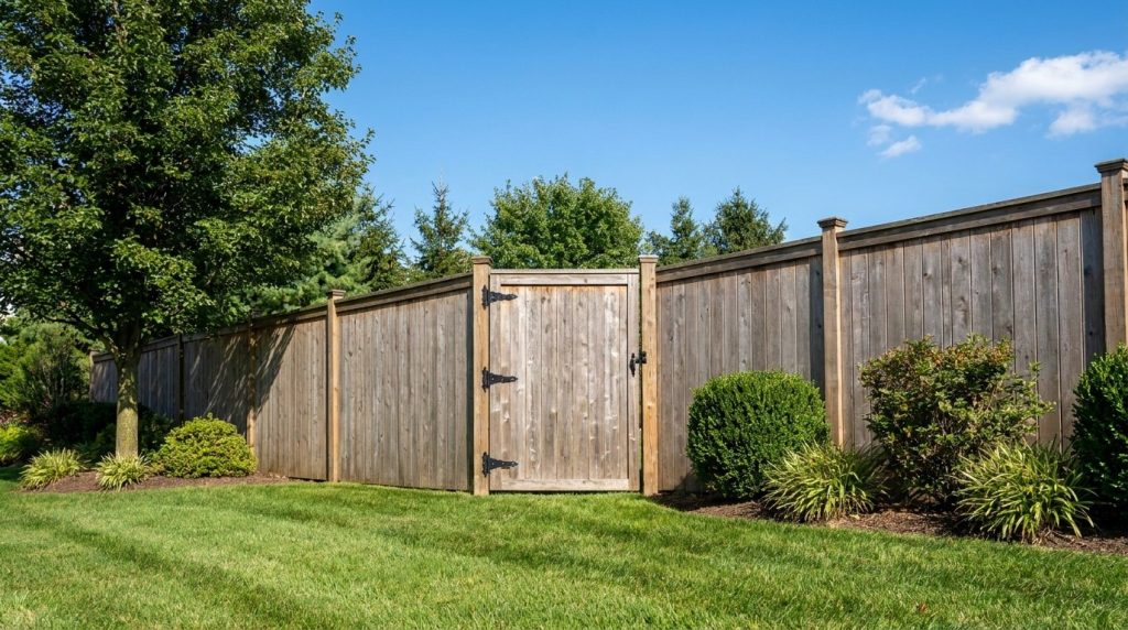 Cedar walk gate with black hardware