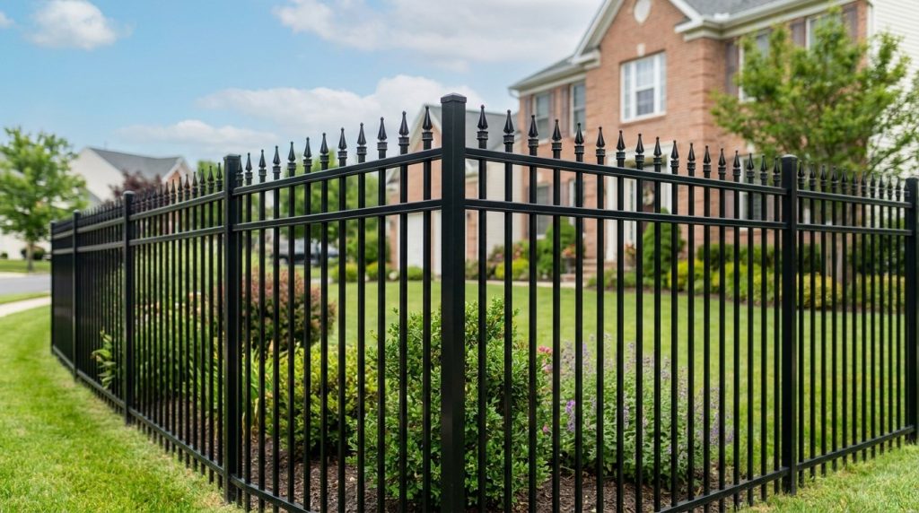 Black aluminium ornamental fence with finials